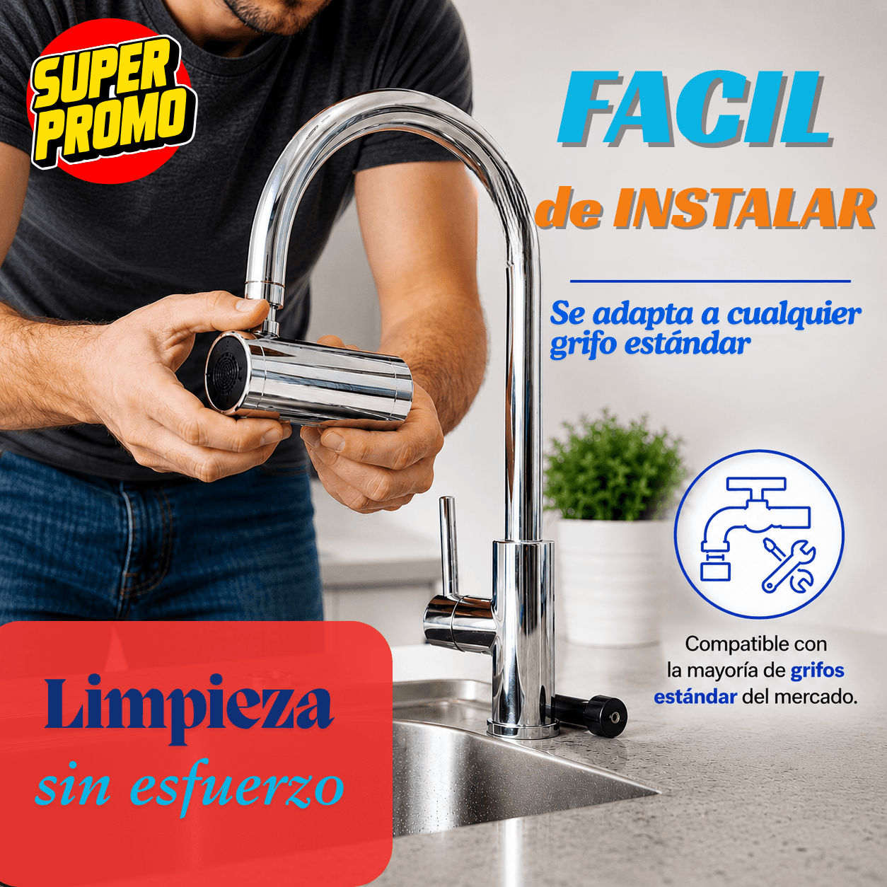 Grifo Controlador de Flujo 3 en 1  Llega a cada rincón del fregadero con un solo movimiento